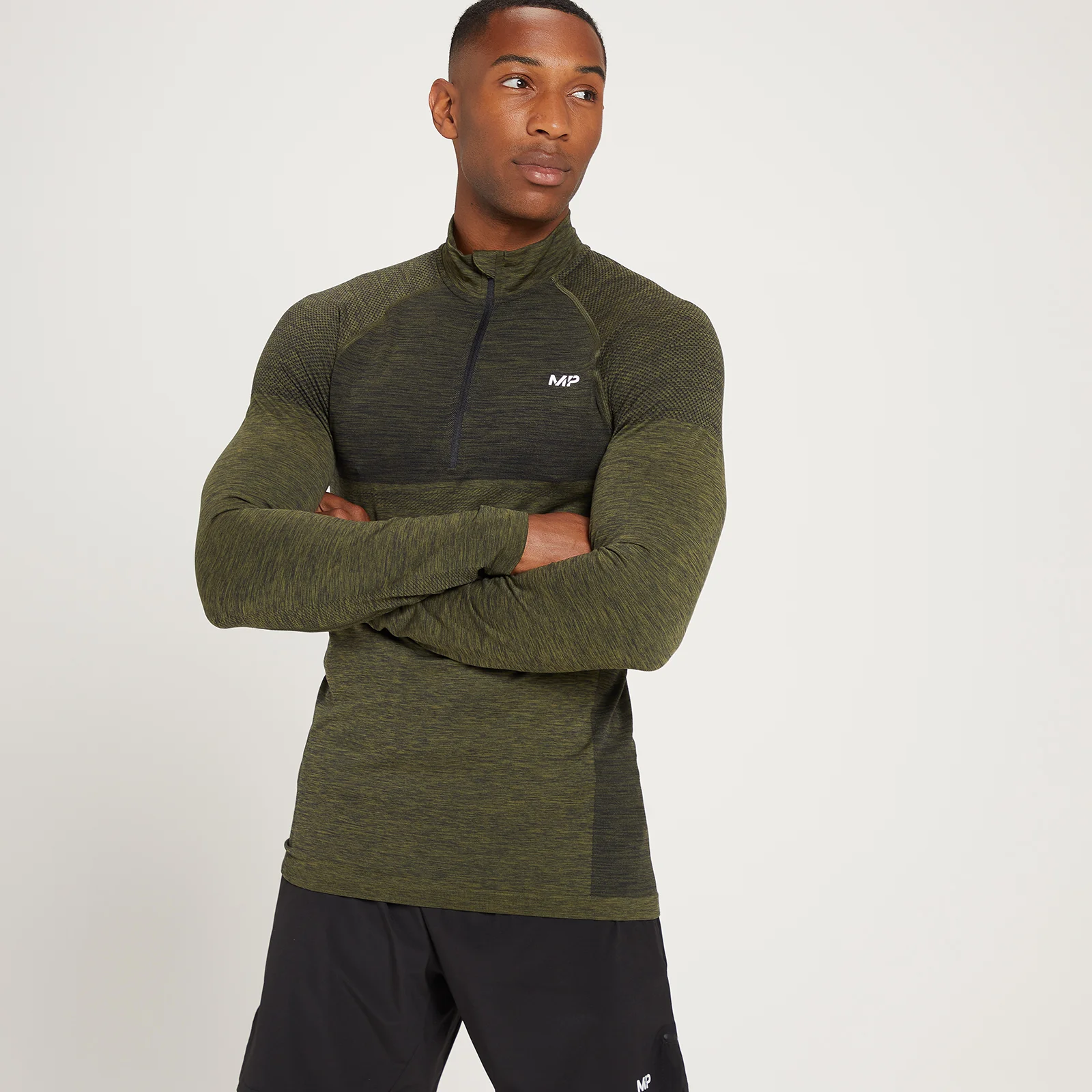 Haut sans coutures à fermeture éclair ¼ MP Essentials pour hommes – Vert kaki chiné - XSImage1