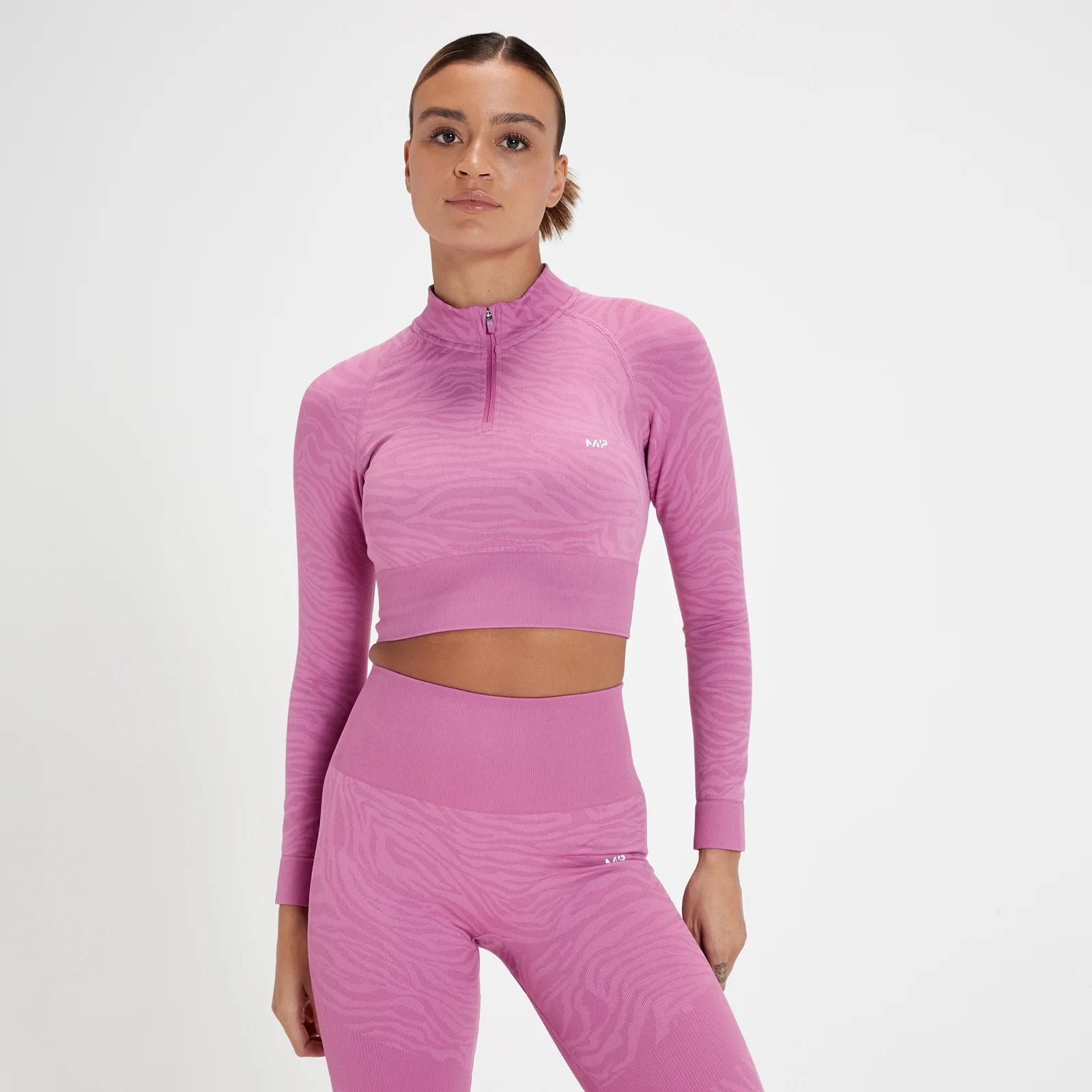 Crop top sans coutures à fermeture éclair ¼ MP Tempo pour femmes – Rose fleur zébré - XXSImage1