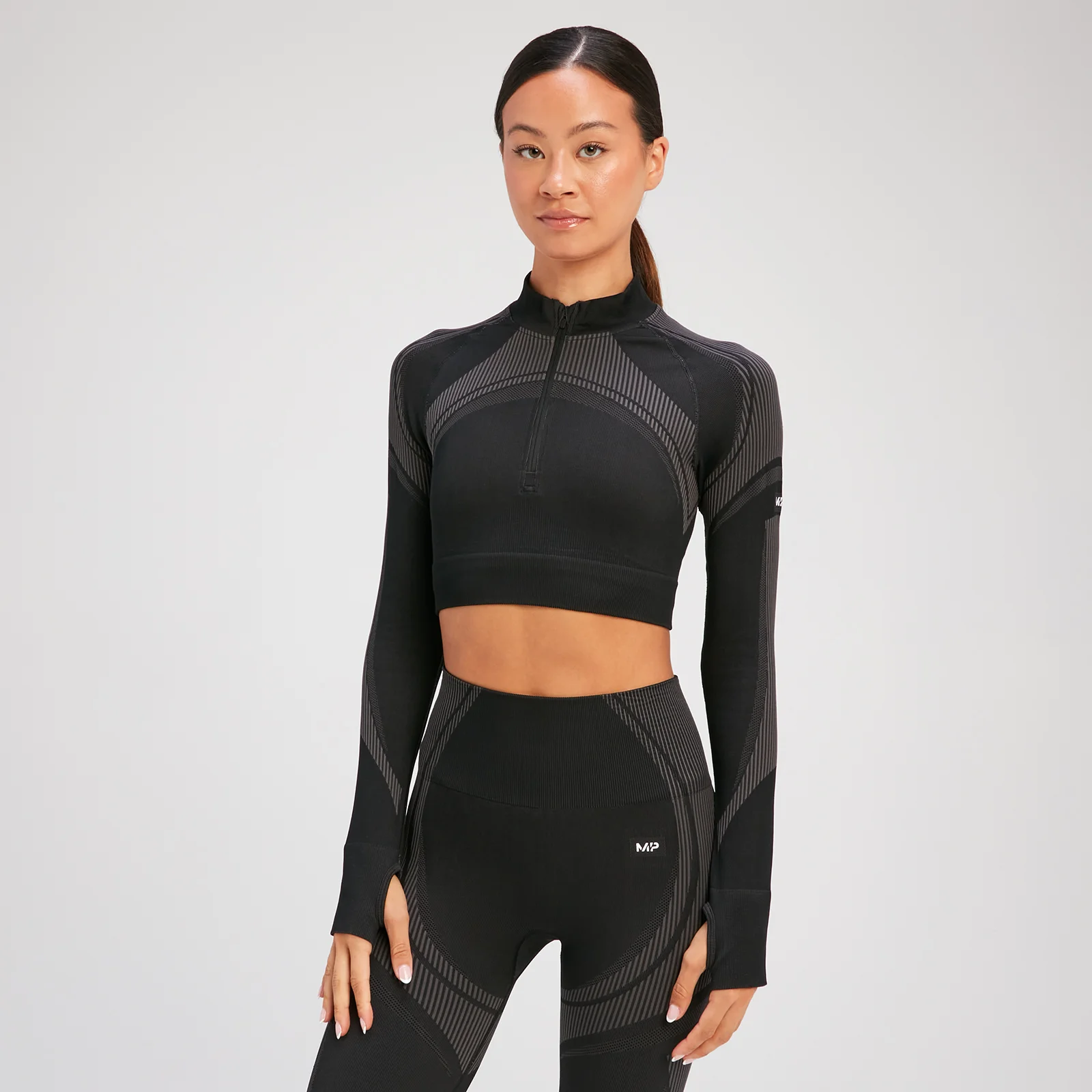 Crop top sans coutures à manches longues et à fermeture éclair ¼ MP Tempo Ultra pour femmes – Noir - XSImage1