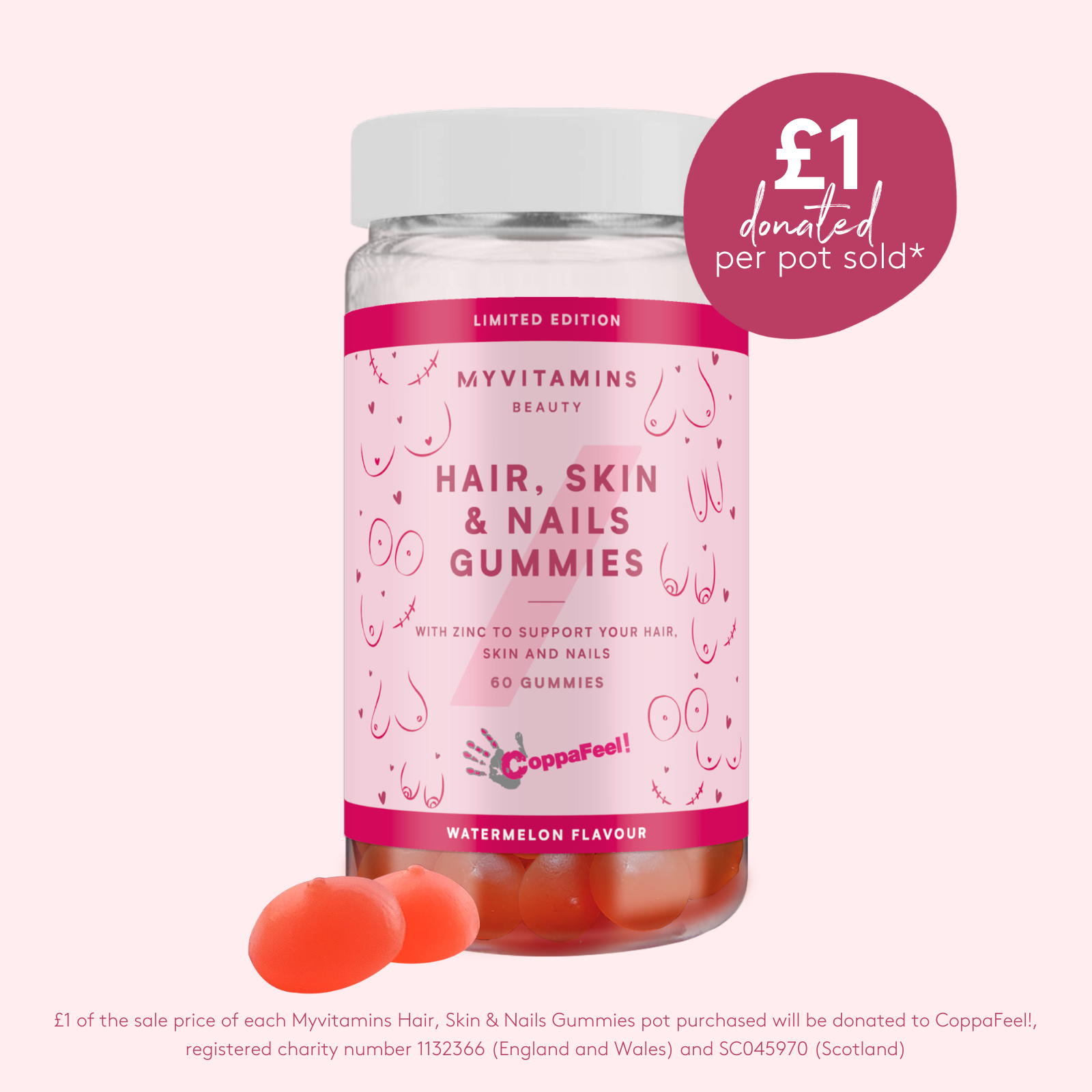 Pastilles gélifiées Cheveux, peau et ongles Myvitamins x CoppaFeel - 60gommes à mâcher - PastèqueImage1