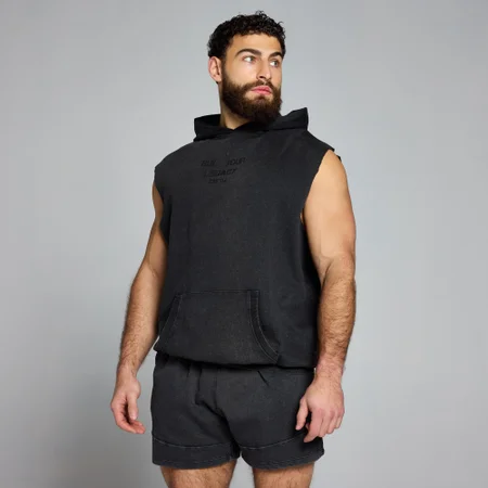 Sweat à capuche graphique délavé sans manches MP Origin pour hommes – Noir délavé