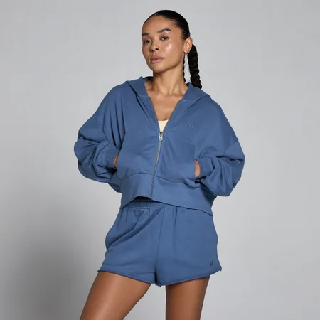 Sweat à capuche zippé léger en molleton bouclette MP femme - Bleu ardoise