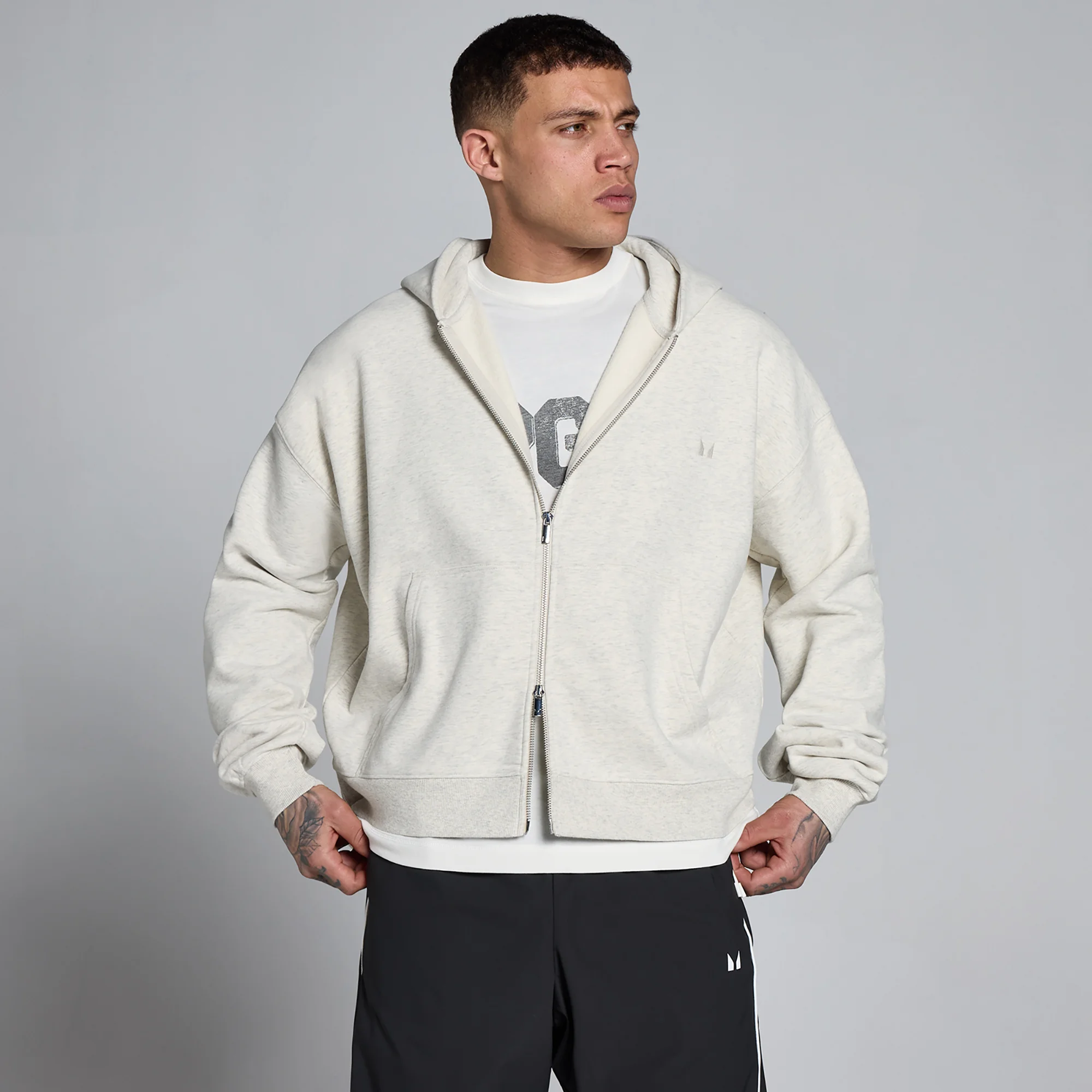 Sweat à capuche zippé bidirectionnel oversize en molleton Lift MP homme - Gris chiné crème - LImage1