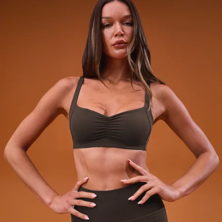 Brassière de sport minimaliste froncée Tempo MP femme - Cacao