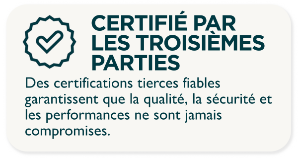 Certifié par des tiers. Les certifications de tiers de confiance garantissent que la qualité, la sécurité et les performances ne sont jamais compromises.